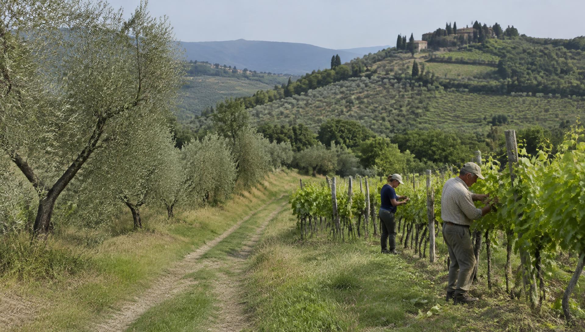 Agricoltori al lavoro tra vigneti e oliveti sulle colline italiane