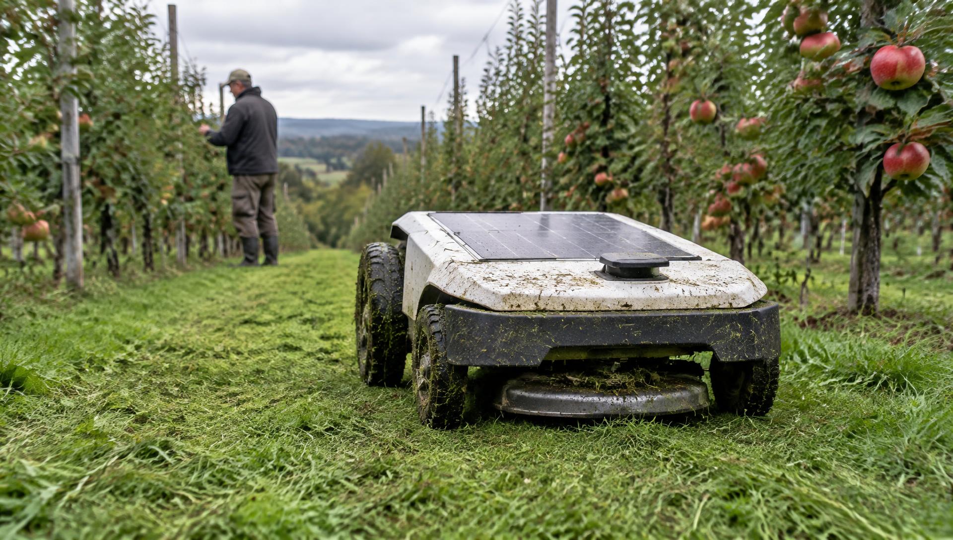 Robot falciatore autonomo a energia solare che sfalcia l’erba tra i filari di un frutteto