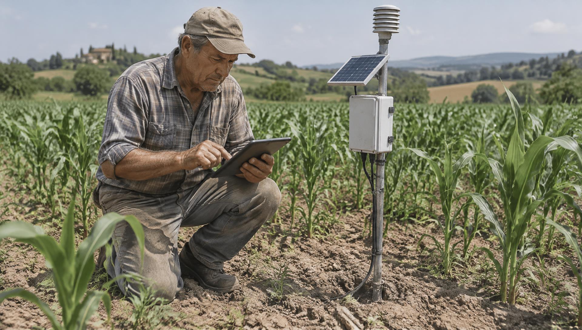 Centralina con sensori di umidità del terreno installata tra le colture, un agricoltore la consulta con un tablet